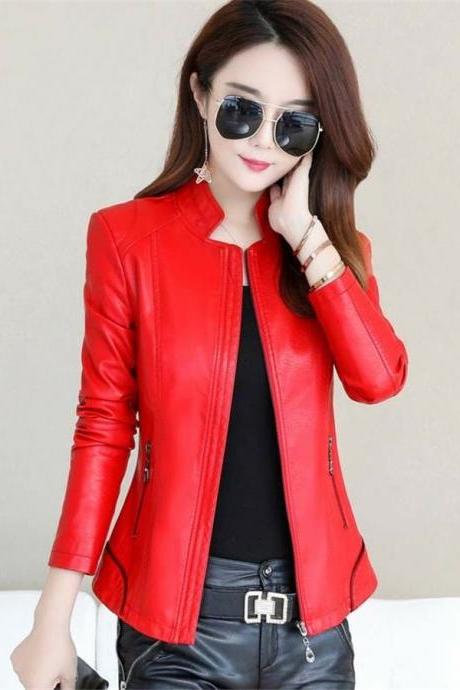 Winter Jacket Women Leather Motorcycle Jacket Zip Jacket Short Coat Red