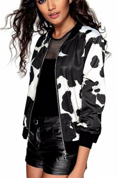 Women&amp;#039;s Classic Jacket Cow Print Satin Jacket Short Coat Harajuku Outwear