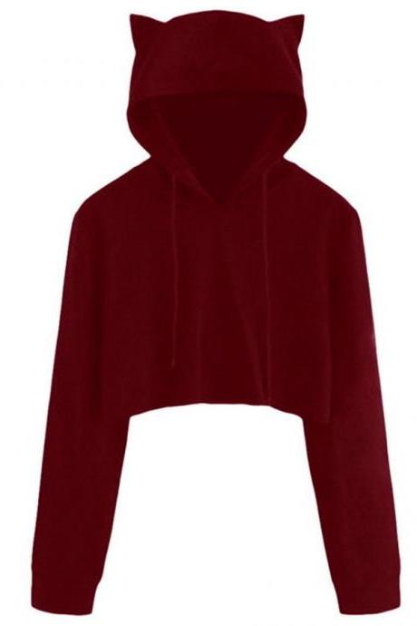  Women Ladies Cat Long Sleeve Hoodie Sweatshirt Sweater Jumper Pullover Coat Tops wine red