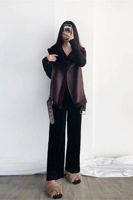 2019 New Womens Suede belt vest Aviator Leather Coat fur liner Thicken jacket wine red