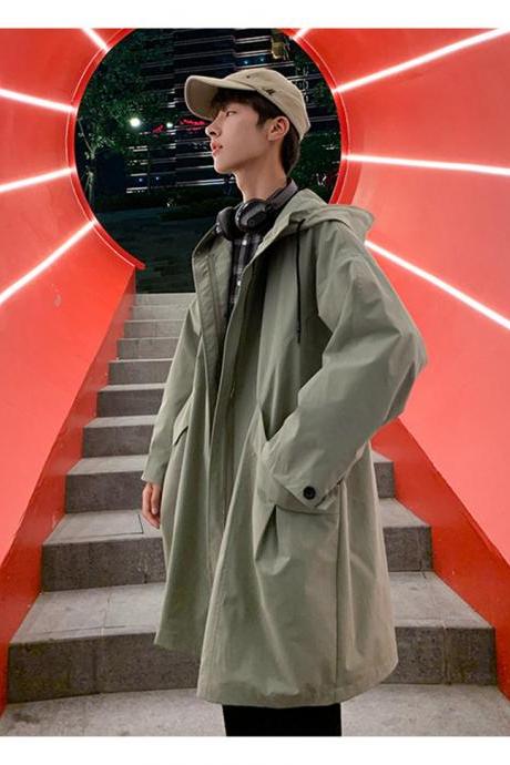 2019 Autumn New Mens Trend Korean Loose Casual Hooded Jacket thin Trench Coat