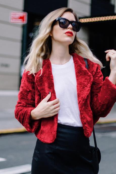 2019 Winter Women Fashion Solid Color Rabbit Fur Lapel Thicken Tops Short Jacket