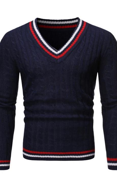 Men Autumn Winter Sweater Contrast Color V-neck Long Sleeve Cross-border European Code Youth College Wind Casual Tops