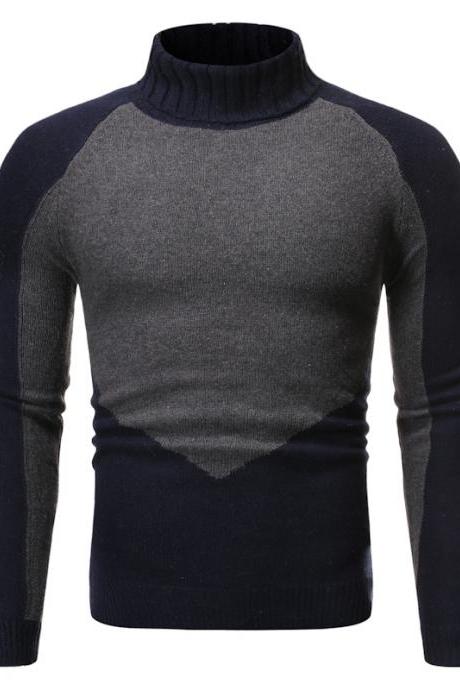 Men autumn patchwork winter hot spotted high-neck sweaters long sleeve style simple warm casual tops