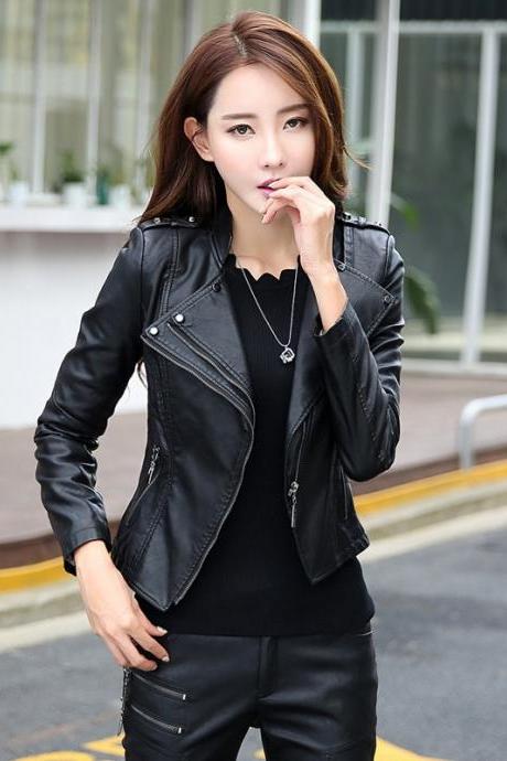 Woman Autumn Winter PU Leather Biker Coat Long Seleeves Solid Zipper Casual Slim Short Jacket Top