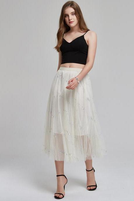 Women Summer Sequin Skirt Star Mesh A Word Pettiskirt Midi Skirt
