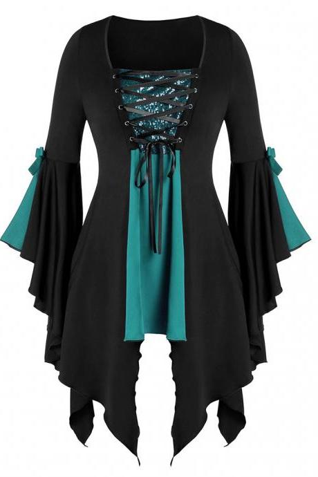 Women Halloween witch tops irregular lace sequins Bell sleeve irregular lace up tops