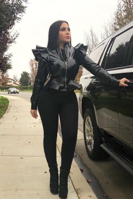 Women Long Sleeve Ruffled Black Faux Leather Zipper Bodycon Club Jacket Coat