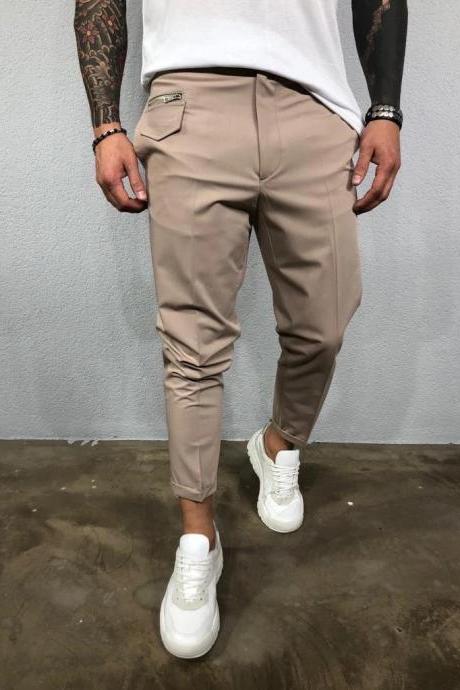  Men solid basic casual pants trousers mouth zipper decorative wild pants