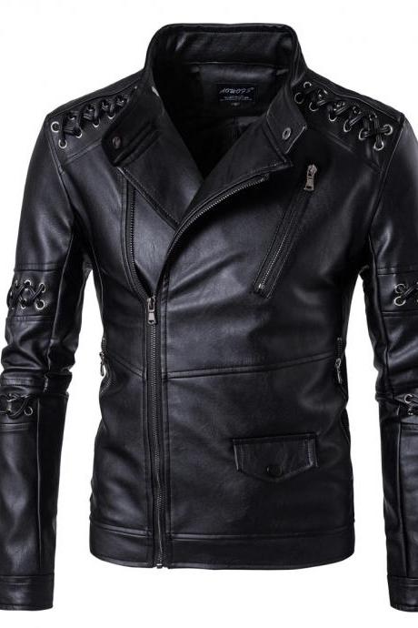 New Design Men PU Leather Jackets stand collarLong sleeves Braided Rope Motorcycle Leather Jacket Male Coat 