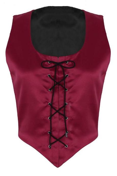 Women Short Waistcoat Retro Square Collar Solid Color Lace Up Vest Tops