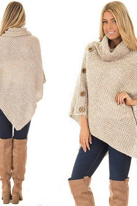 Women Lady Fall Warm Knitted Sweater O Neck Cloak Poncho Pullover Coat Outwear