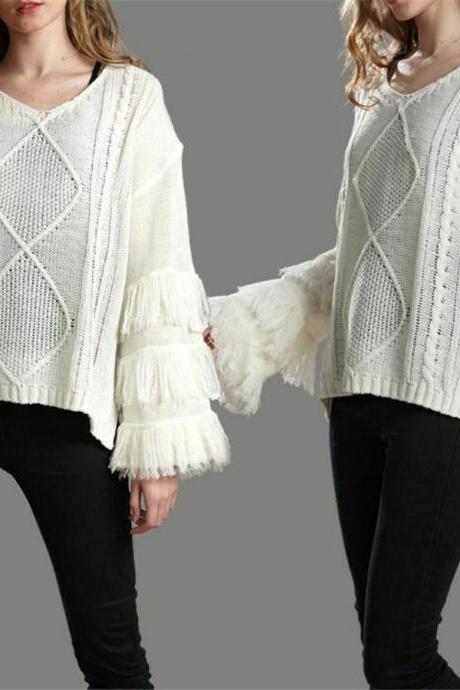 Womens Solid Color Tassels Flared Sleeves Knitted Sweater Pullover V-Neck Loose
