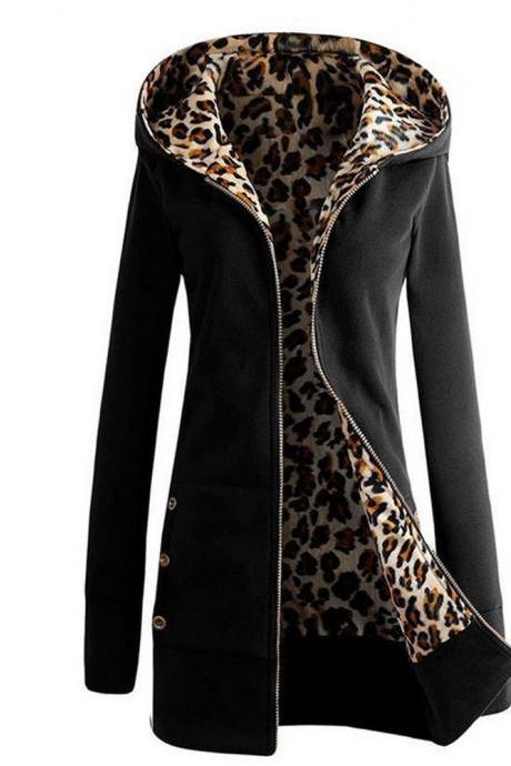 Women Warm Hooded Leopard Print Long Coat Autumn Outwear Solid Outwear Hot