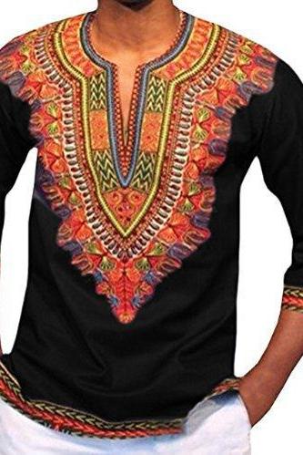 Men African Fashion Hippy Dashiki Print Shirt Casual Split Neck With 3/4 Sleeves Long Tailored Boho Tunics Top Tee For Male 