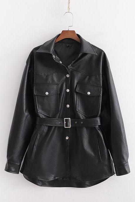 Women Black Faux Leather Jacket Turn-down Collar Long Sleeve Coats Belt Pockets