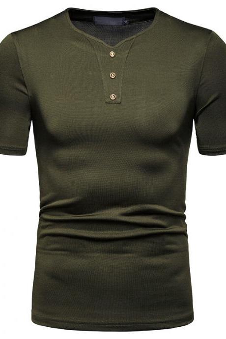 Men T-shir High Stretch Loose Short Sleeve Casual V-neck Solid Button Tops