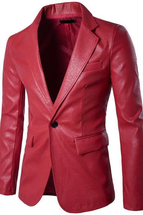 Style Men Suit Wear Solid Slim Fit High Quality Pu Leather Fashion Men Leather Coat