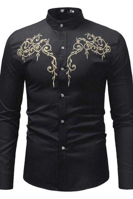 Men Wear Large Size Long Sleeve Casual Embroidery Base Stand Collar Shirt