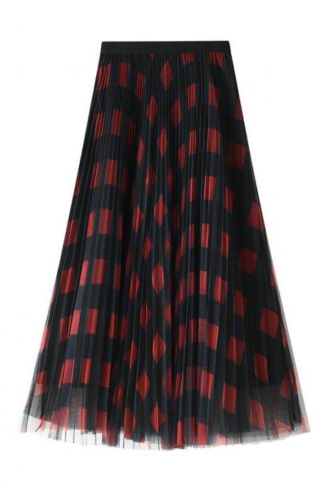 Women Pleated Skirt Color Plaid Mesh Pleated Mid Length Female Skirt
