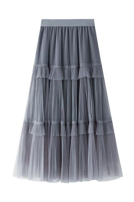 Women Autumn Winter Skirt Elastic High Waist Was Thin Satin Mesh Cake Skirt