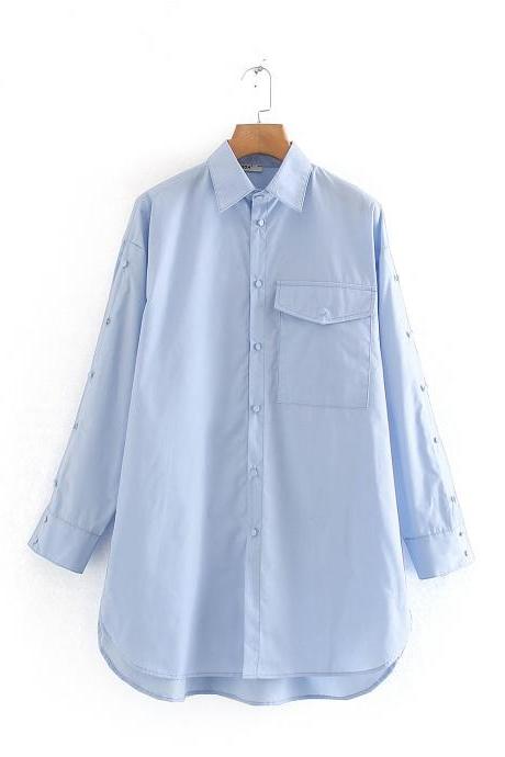 Women Spring Shirt Lapel Long Sleeve Pocket Buttoned Long Solid Loose Ladies Shirt Top