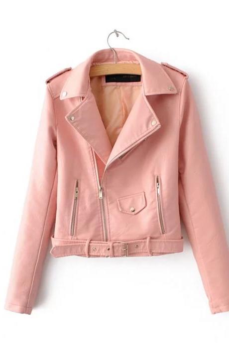  women spring coat motorcycle biker zip leather short jacket leather outwear