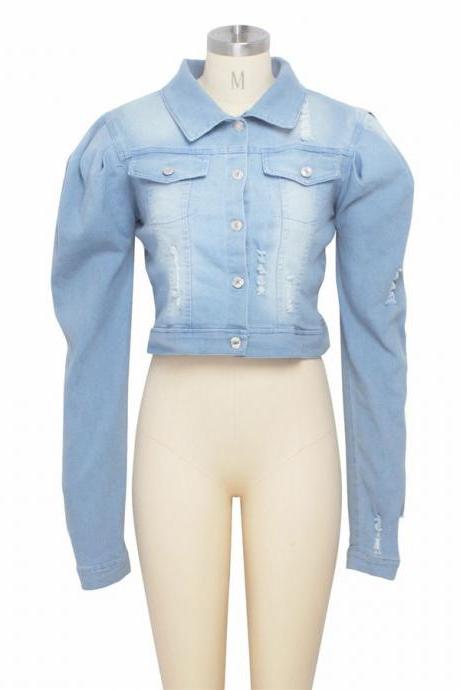 Stylish Women Long Sleeve Single Breasted Turn Down Collar Casual Denim Coat