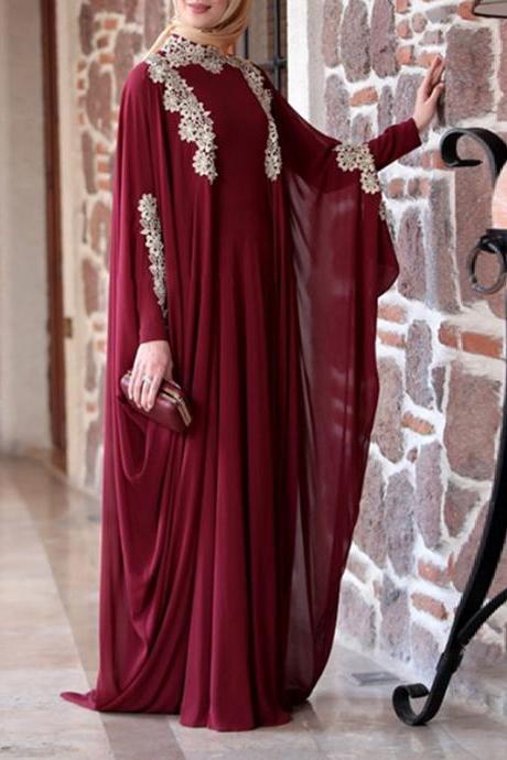 Women Muslim Dress Solid Lace Plus Size Loose Batwing Sleeve Abaya Fahsion Islamic Clothing S-5xl