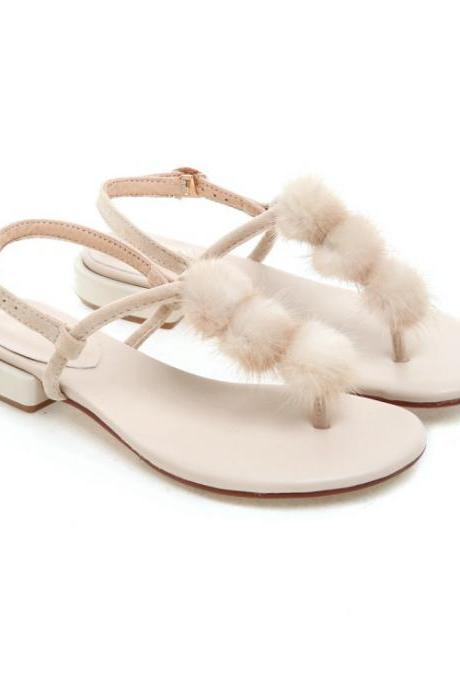 Women Summer Korean Net Red Fur Ball Fairy Style Student Wild Clip Toe Word With Large Size Sandals