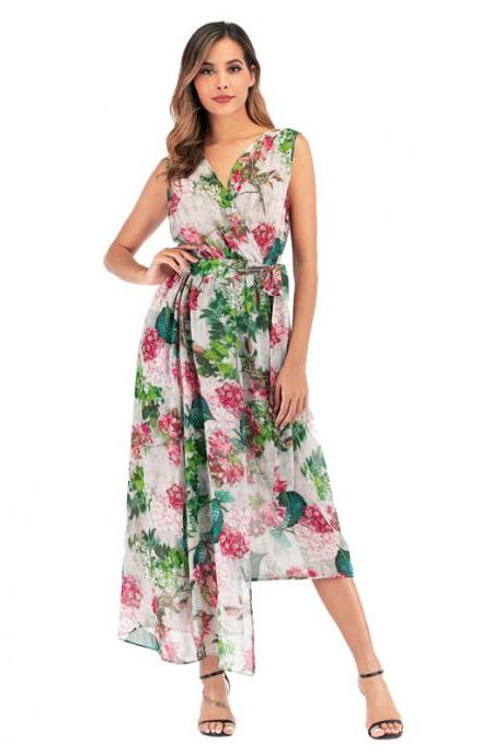 Foreign trade 2020 spring new women's flowers transparent sexy V-neck long dress