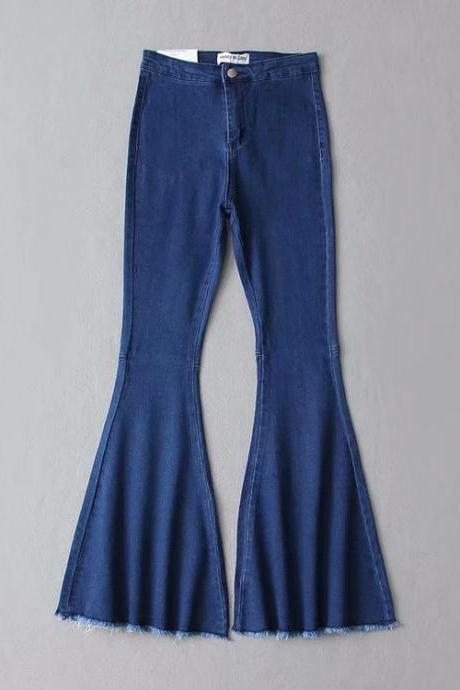 Women The Denim Bell-bottom Fashion For Spring Is Skinny High-waisted Solid Long Jeans Pant