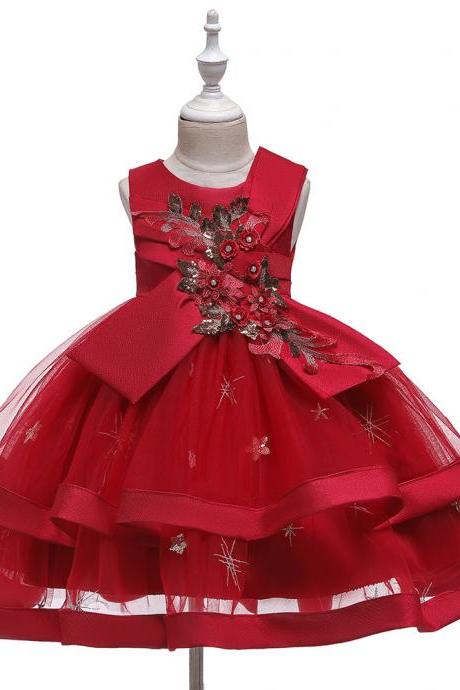  Children Sleeveless Flower Girl Dress Embroidered Fluffy Princess Dress Wedding Sequin Dress