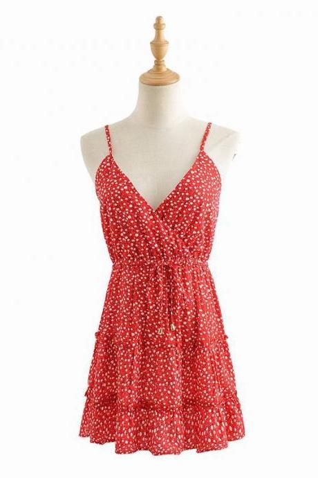 Spring Summer 2020 women Floral mini dress Cross V-neck Print Sleeve Camisole short Dress