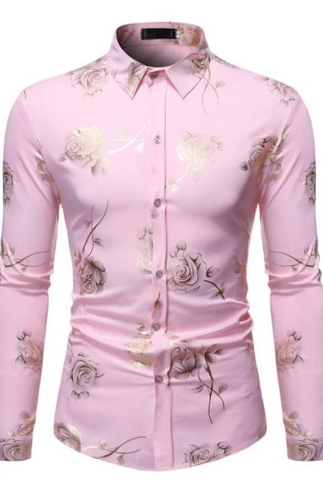 Spring new men lapel shirt bronzing long-sleeved printed button top