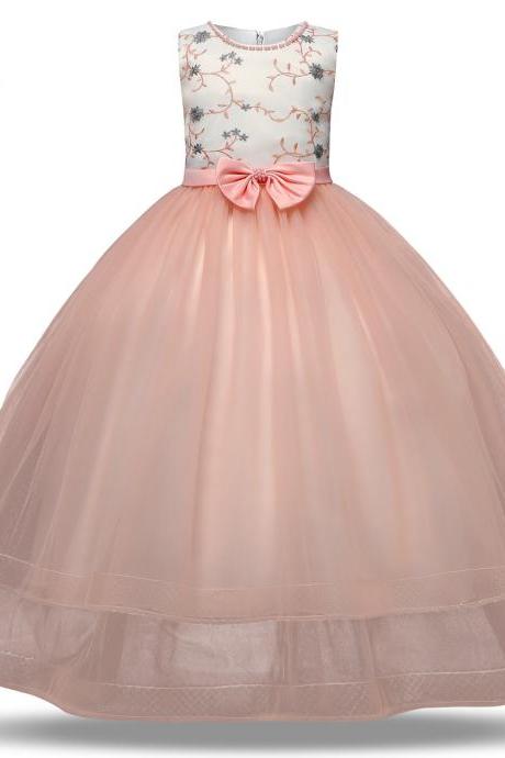  Flower Girls Dress New Princess Kids Embroidery Bow Vintage Children Wedding Party Formal Ball Gown