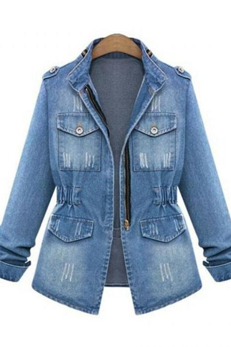  Women Denim Coat Zipper Autumn Oversize Pocket Plus Size Chain Jeans Jackets