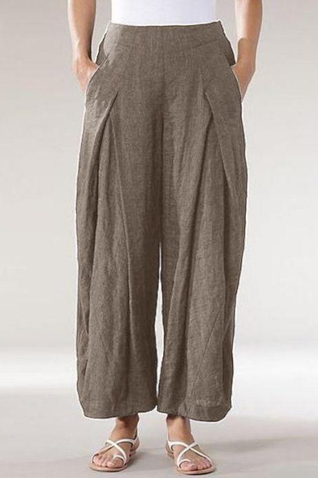 2020 new women solid color cotton linen wide-leg temperament commuter pants