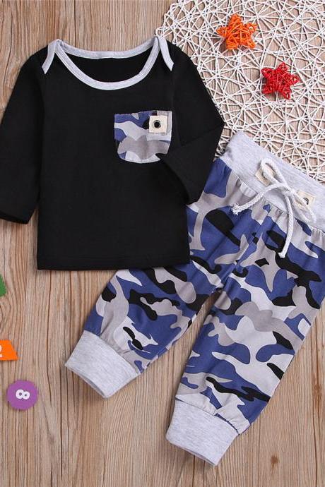3Pcs Set Newborn Baby Boy Top Long Sleeve T-shirt Camo Pants Kid Outfit Clothes