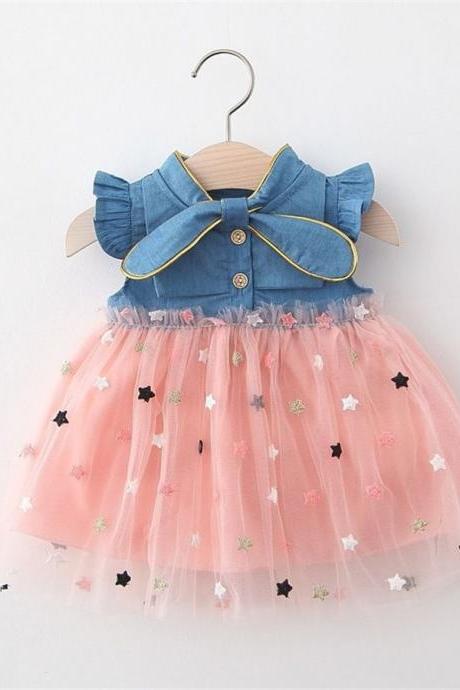 Fashion Baby Girl Dress O-neck Regular Toddler Baby Floral Print Bowknot Short Sleeve Princess Denim Dress