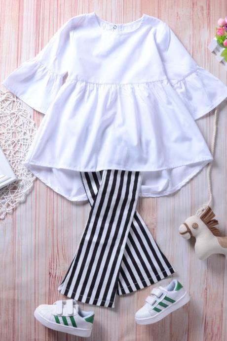 2020 Fashion Girls Clothing Suit Flare Sleeve Ruffles Solid White A-line Tops+stripe Pants 1-6y Kid Girls Clothes Set