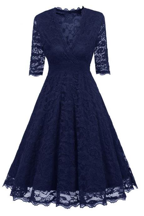 Spring Hot Women Seven-point Sleeves V -neck Lace High-end Solid Midi Dress
