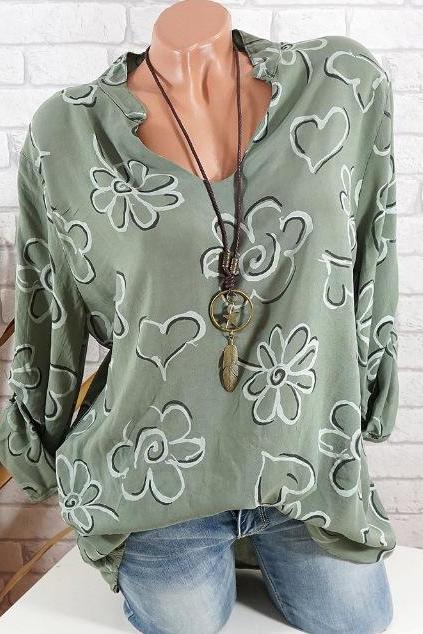 Women V Neck Loose Printing Long Sleeve Blouse Fashion Top for Party Beach Shirt