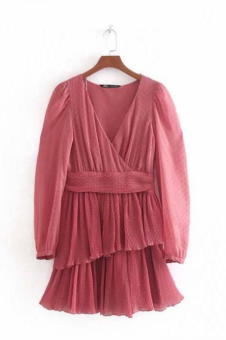  Women casual pleated Dress cross v neck solid chiffon kimono Ladies laminated ruffles side zipper Dresses AS