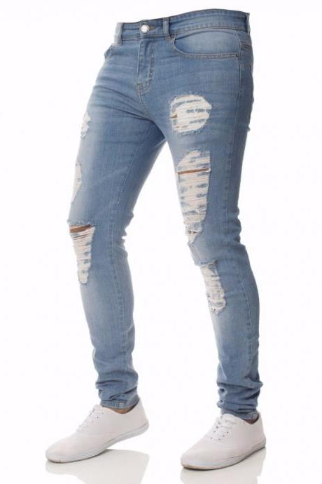  Mens Casual Skinny Jeans Pants Solid ripped jeans Ripped Beggar Knee Hole Youth Men Jeans 