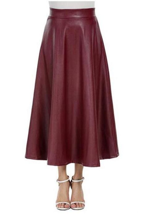 Women Faux Leather Pu Skirt High-waist Fashion A-line solid Midi Spring Ladies Skirts