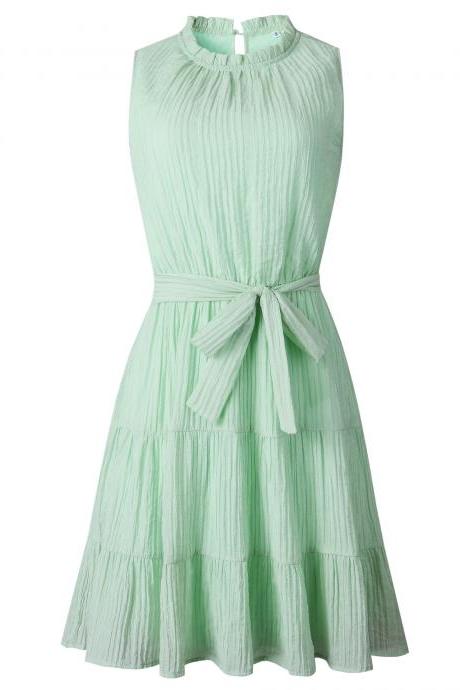Summer Women Sweet Pleated Dress A-line Sashes Sleeveless Solid Mini Sundress Female Beach Dress