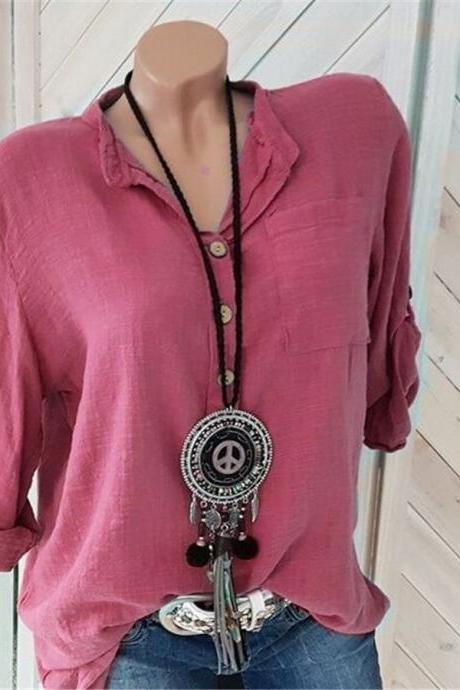 Women Blouses Autumn Shirts Casual Long Sleeve Button V Neck Solid Loose Cotton Linen Lady Tops Plus Size S-5XL
