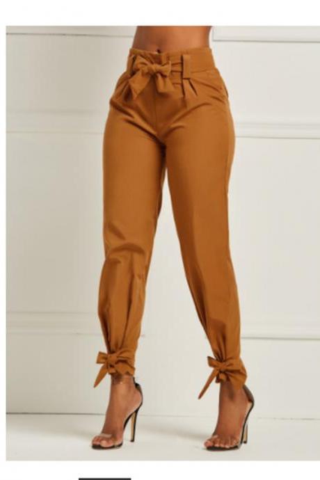  Spring Women Casual Pants Loose Bow Tie Ruffles Solid High Waist Belt Pocket Female Sashes Pants