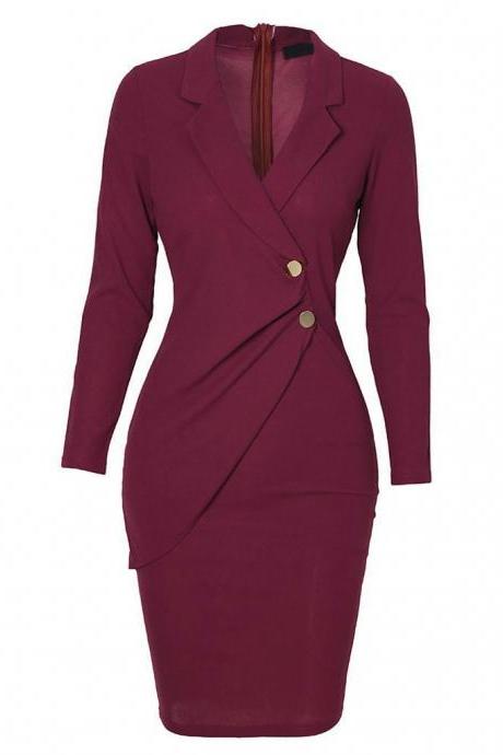 Women Knee Dress Solid Turn Down Neck Long Sleeve Buttons Bodycon Casaul Work Formal Party Ladies Dress